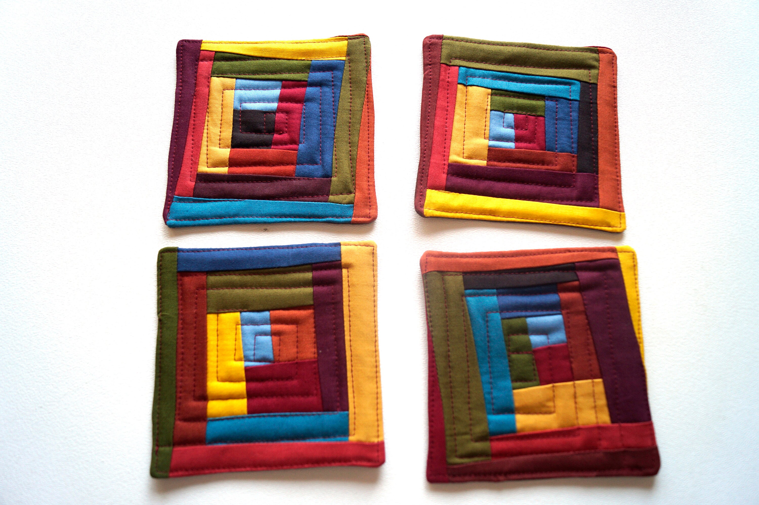 Quilted Fabric Coasters with Colorful Patchwork, Modern Cloth Drink