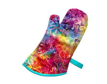 Quilted Oven Mitt in Colorful Paisley Batik Fabric, with Hanging Tab Option