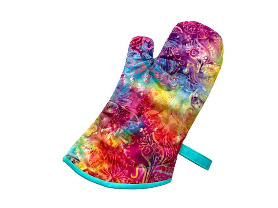 Quilted Oven Mitt in Colorful Paisley Batik Fabric, with Hanging Tab Option