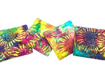 Quilted Coasters in Bright and Colorful Sunflowers, Tropical Batik Fabric Drink Ware, Set of Four
