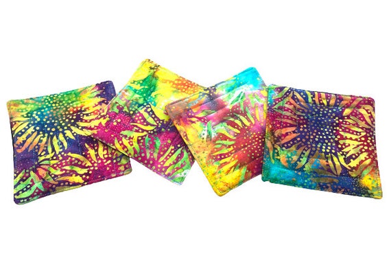 Quilted Coasters in Bright and Colorful Sunflowers, Tropical Batik Fabric Drink Ware, Set of Four