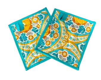 Quilted Fabric Pot Holders with Blue and Yellow Floral Pattern
