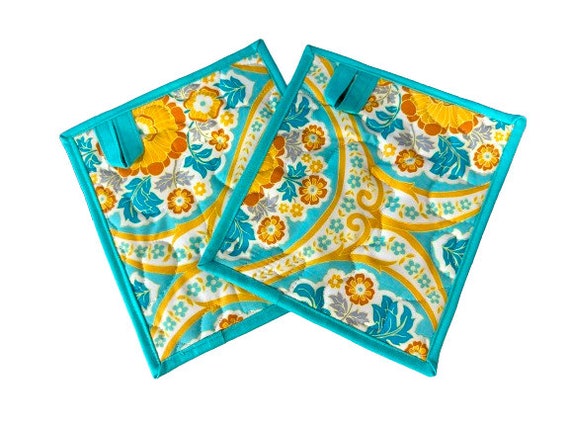 Quilted Fabric Pot Holders with Blue and Yellow Floral Pattern