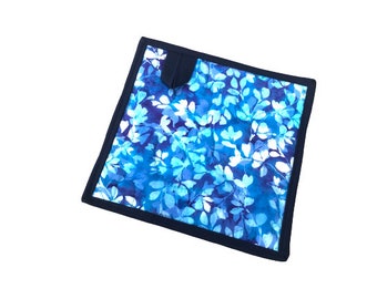 Batik Quilted Fabric Pot Holders in Blue Leaf Pattern, with Hanging Tab Option