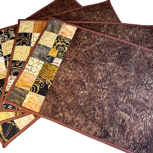 Quilted Batik Fabric Place Mats with Rich Fall Color Patchwork, Set of Four