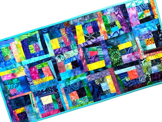 Quilted Patchwork Table Runner in Vibrant Batik Fabrics, Colorful Modern Batik Wall Hanging