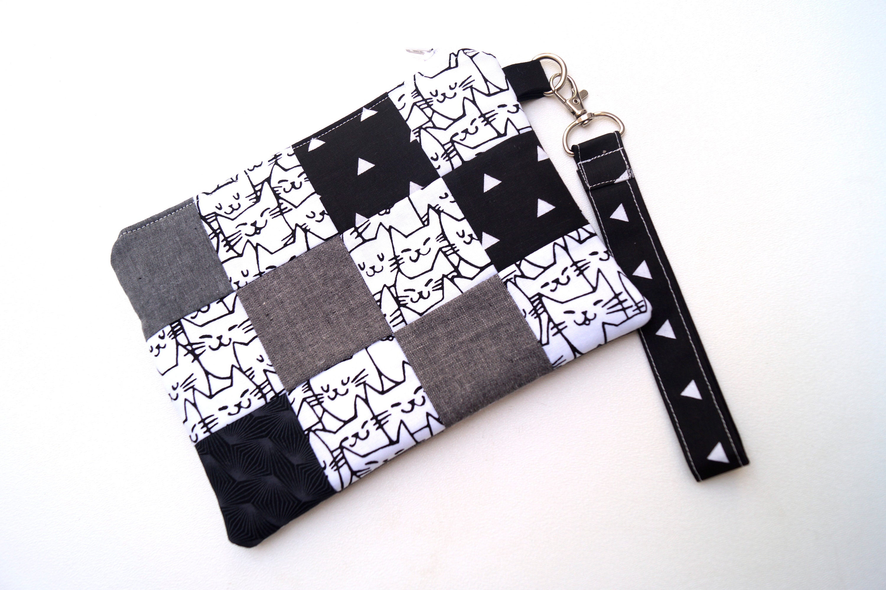 Cat Fabric Wristlet Bag in Black and White, Modern Kitten Patchwork ...