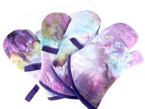 Quilted Hand Dyed Fabric Oven Mitt in Shades of Purple and Blue