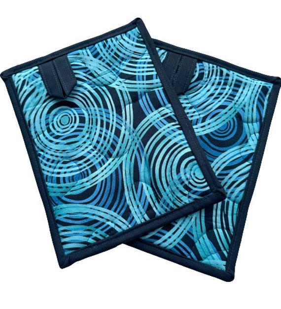 Quilted Fabric Pot Holders, set of two, with Blue Swirl Pattern