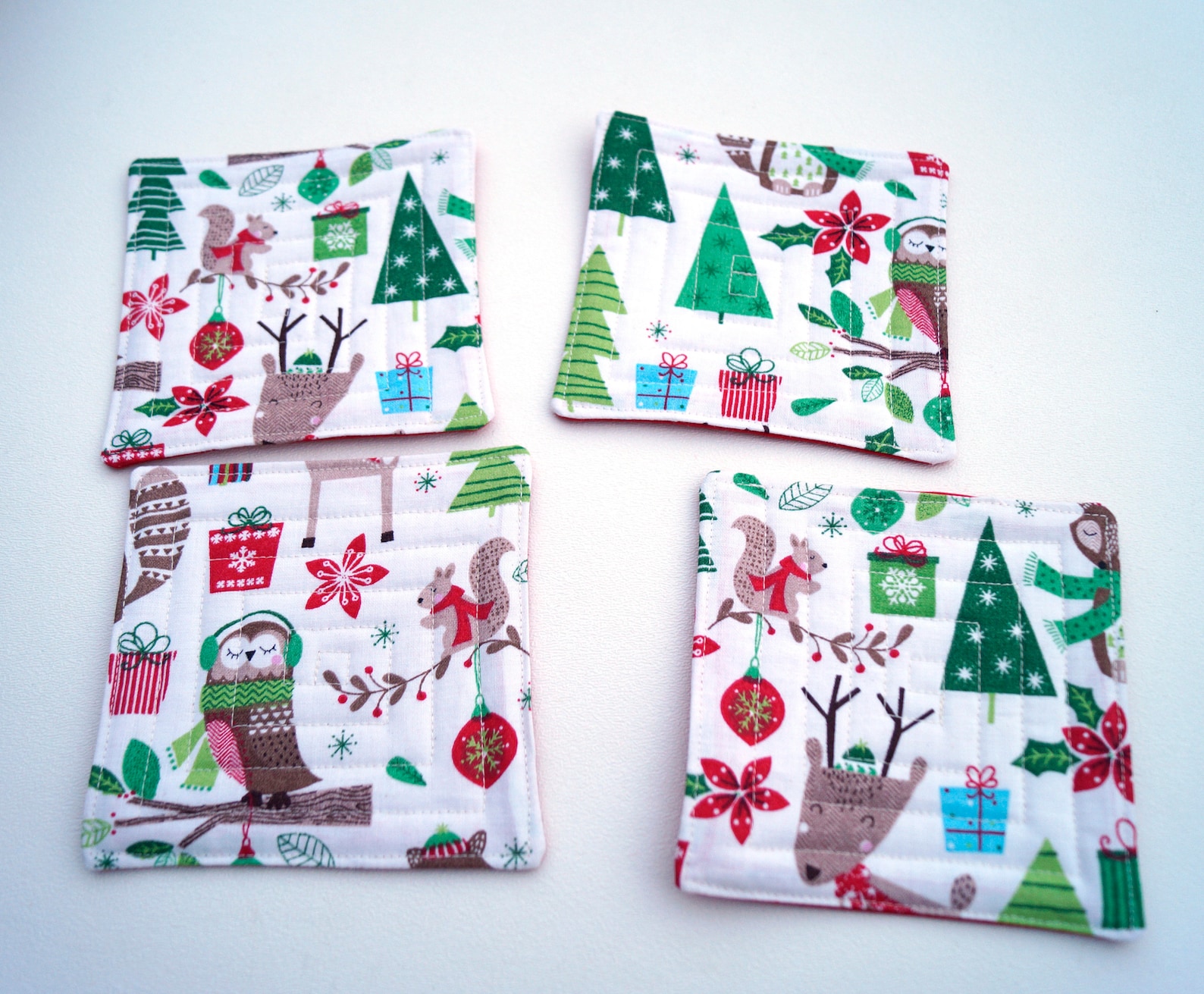 Quilted Christmas Fabric Coasters With Woodland Animals Cute Etsy