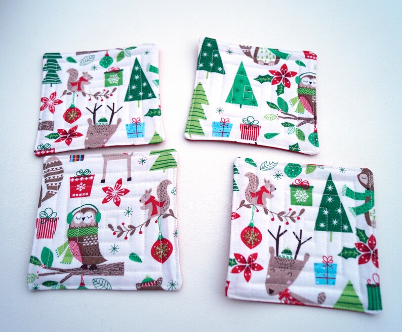 Quilted Christmas Fabric Coasters With Woodland Animals Cute Etsy