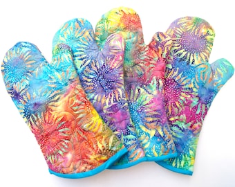 Colorful Quilted Batik Fabric Oven Mitt with Tropical Sunflower Pattern, with Hanging Tab Option