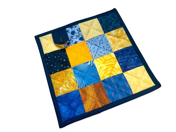 Quilted Fabric Pot Holder with Yellow and Blue Patchwork