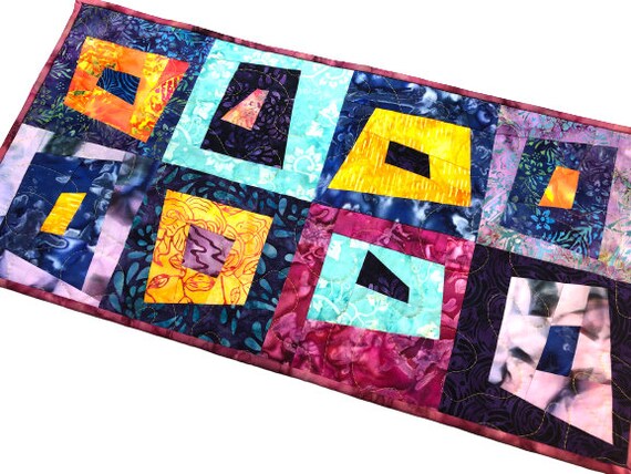 Quilted Patchwork Table Runner with Colorful Batik Fabrics