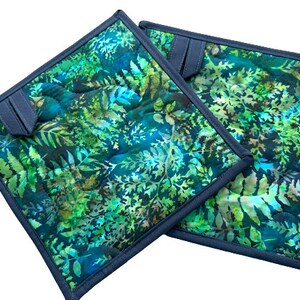 Quilted Pot Holders with Botanical Green Blue Batik Fabric, with Hanging Tab Option image 3