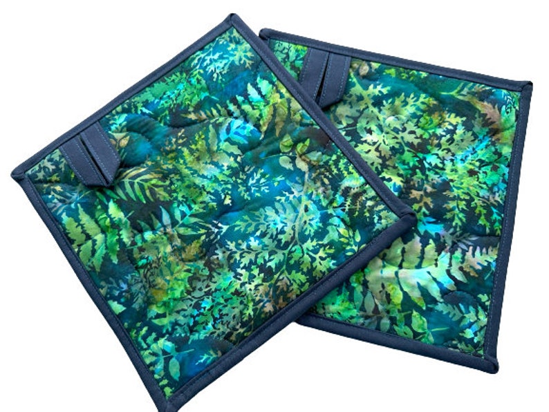 Quilted Pot Holders with Botanical Green Blue Batik Fabric, with Hanging Tab Option image 3