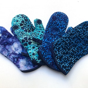 Quilted Batik Fabric Oven Mitt in Vibrant Shades of Blue, with Hanging Tab Option