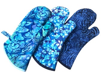 Floral Quilted Oven Mitt with Hand Dyed Batik Fabric in Shades of Blue, Choice of Pattern with Hanging Tab Option
