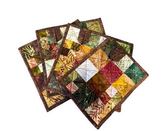 Quilted Batik Fabric Patchwork Pot Holders in Red, Brown, Yellow and Green