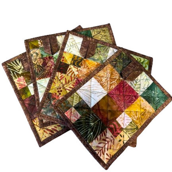 Quilted Batik Fabric Patchwork Pot Holders in Red, Brown, Yellow and Green