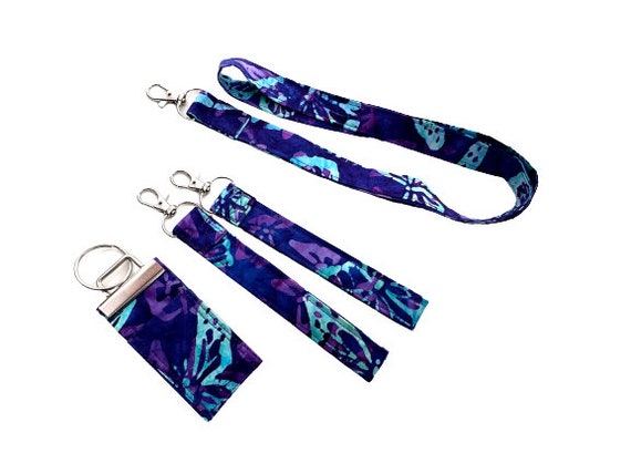 Butterfly Batik Fabric Lanyard, Wristlet Key Chain, Chap Stick Holder Key Chain