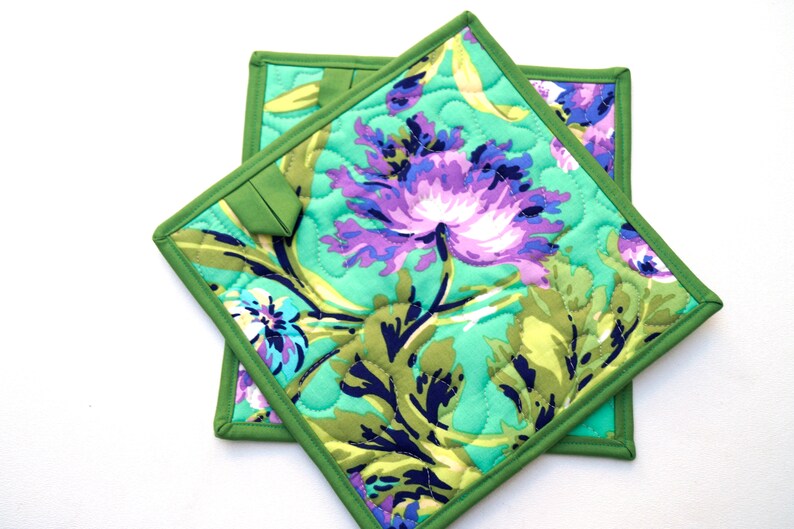 Set of Two Floral Pot Holders in Purple and Teal Quilted Fabric