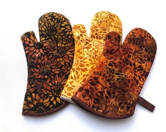 Quilted Fabric Oven Mitt with Orange and Brown Hand Dyed Cotton Batik Fabric, with Hanging Tab Option