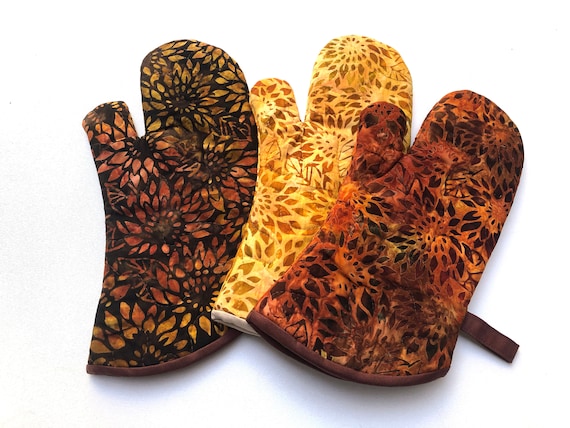 Quilted Fabric Oven Mitt with Orange and Brown Hand Dyed Cotton Batik Fabric, with Hanging Tab Option