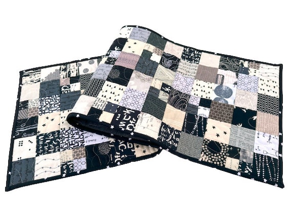 Modern Quilted Table Runner in Black and White Fabric Patchwork