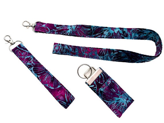 Floral Batik Fabric Lanyard, Wristlet Key Chain, Chap Stick Holder Key Chain