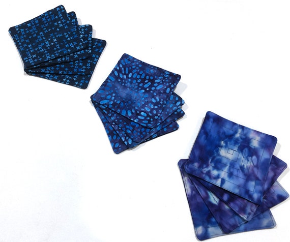 Blue Batik Quilted Fabric Coasters, Sets of Four