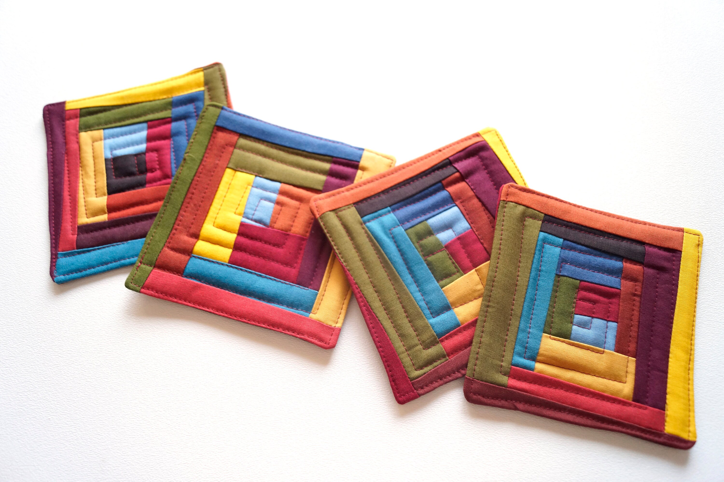 Quilted Fabric Coasters with Colorful Patchwork, Modern Cloth Drink