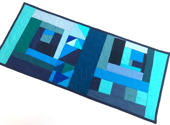 Modern Quilted Fabric Table Runner with Blue and Green Patchwork