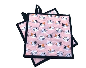 Cat Quilted Fabric Pot Holders in Pink, Kitty Hot Pads, with Hanging Tab Option