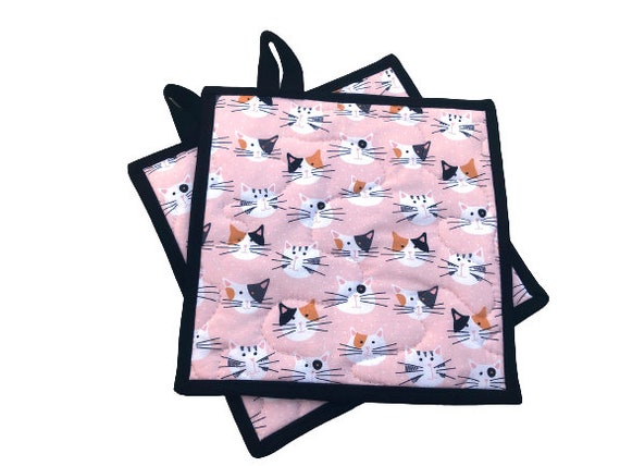 Cat Quilted Fabric Pot Holders in Pink, Kitty Hot Pads, with Hanging Tab Option