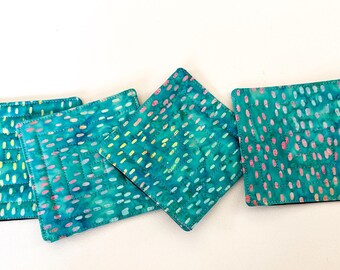 Quilted Batik Fabric Coasters in Blue Dash Pattern, Set of Four