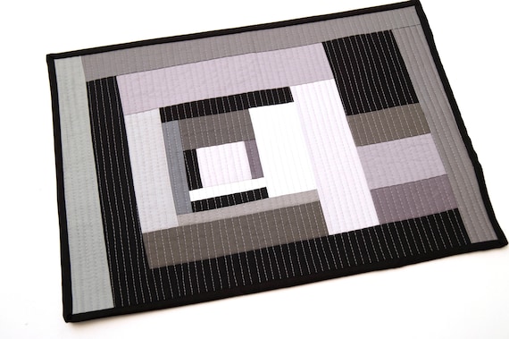 Modern Place Mat in Abstract Black, Grey and White Quilted Patchwork