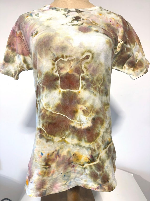 Hand Dyed Women's T-Shirt in Earth Tone Cotton Fabric, Size L 13-16