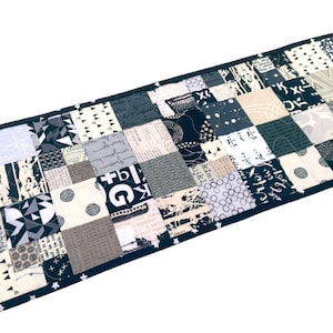 Small Quilted Table Runner or Wall Hanging with Modern Black and White Fabric Patchwork