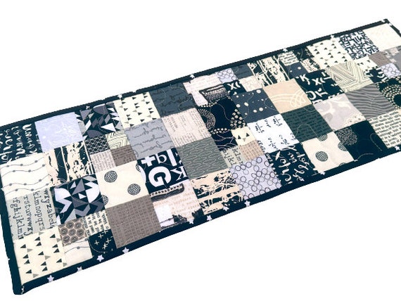 Small Quilted Table Runner or Wall Hanging with Modern Black and White Fabric Patchwork