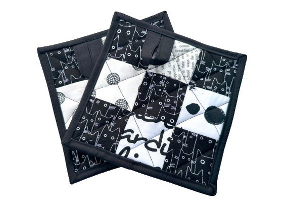 Cat Quilted Fabric Pot Holders with Black and White Patchwork, Set of Two