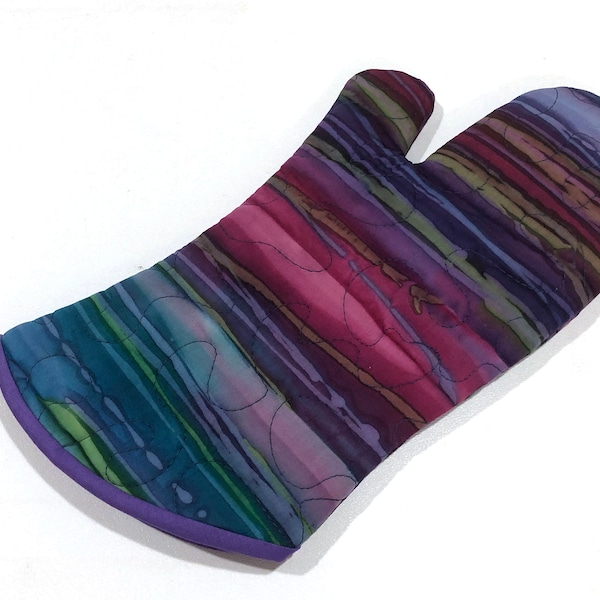 Quilted Batik Fabric Oven Mitt with Stripe Pattern in Orchid Colorway