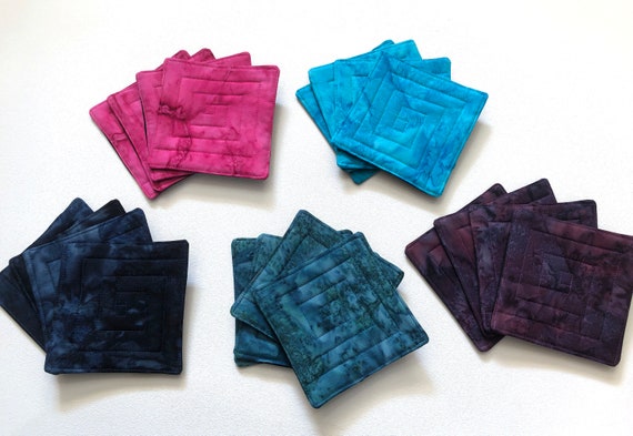 Quilted Batik Fabric Coasters in Merlot Purple, Hot Pink, Teal, Aqua Blue, Navy Blue