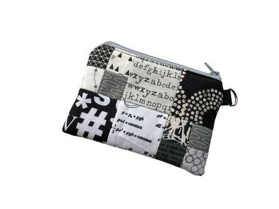 Padded Zipper Pouch with Black and White Patchwork, Modern Cloth Zipper Purse