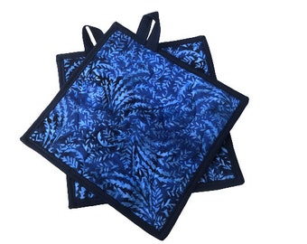 Quilted Batik Fabric Pot Holders with Blue Leaves, with Hanging Tab Option