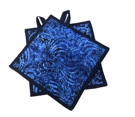 Quilted Batik Fabric Pot Holders with Blue Leaves, with Hanging Tab Option