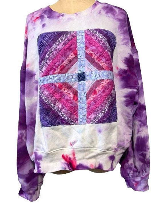 Hand Dyed Cotton Oversize Sweatshirt with Quilt Patchwork Block in Pink and Purple, Women's XXL