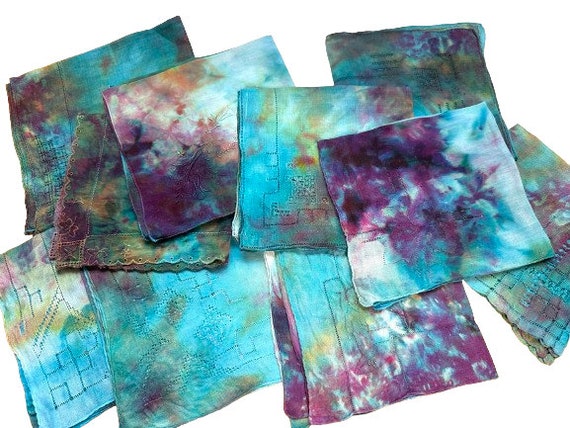 Hand Dyed Pocket Squares, Ice Dyed Handkerchiefs in Purple and Blue