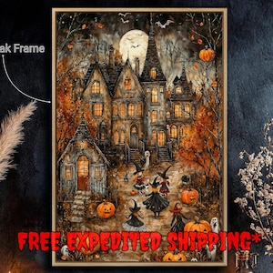 Haunted House and Witches Framed Canvas Wall Art Spooky Pumpkins Print Gothic Halloween Decor Witchy Poster Fast Shipping Free Ready to Hang