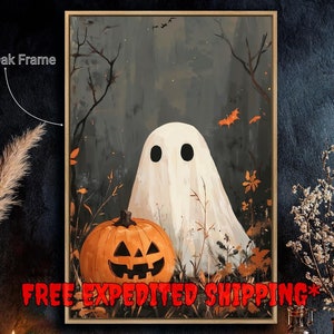 Lienzo enmarcado con diseño de fantasma y calabaza espeluznante, pintura de Halloween, decoración inquietante, póster fantasmal, envío rápido, listo para colgar